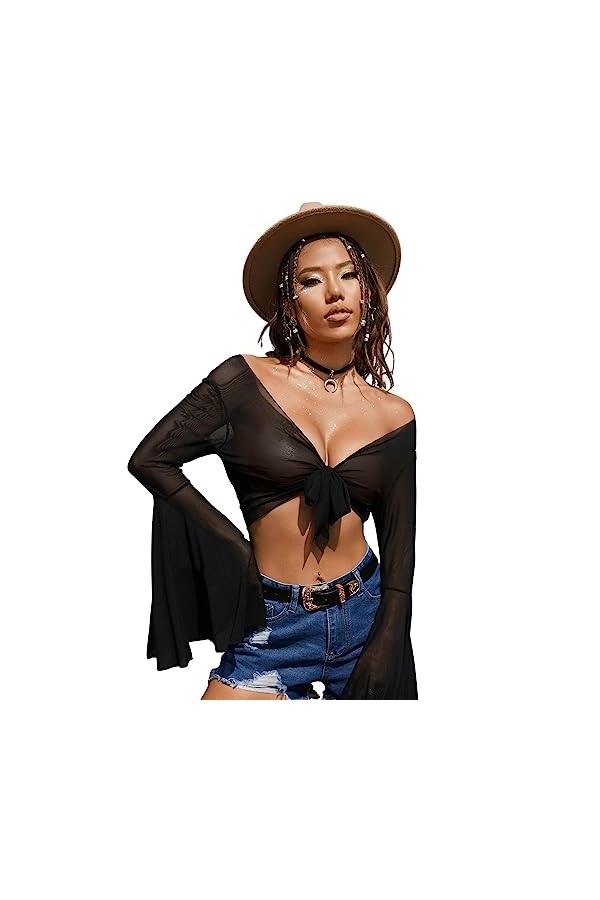 GORGLITTER Haut en maille pour femme Y2k - Manches longues - Col en V - Sexy - Manches trompette, Noir , L