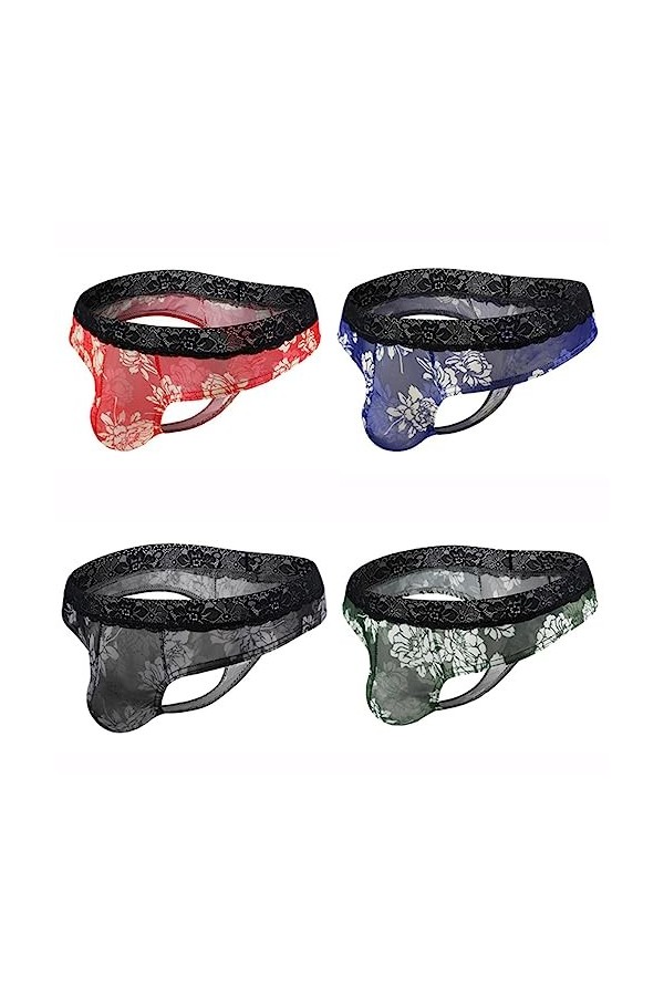 MENGQING Lot de 4 strings sexy en dentelle pour homme - Taille basse - Sous-vêtements en maille - Pour homme - Lingerie sexy 