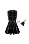 CABULE Robe sexy pour femme en latex effet mouillé avec col en V et fermeture éclair aspect mouillé en cuir verni sans manche