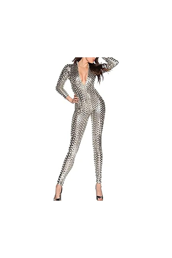 EXECAB Combinaison sexy ajourée pour femme - Combinaison une pièce métallique sexy et skinny - Taille 2XL - Argenté