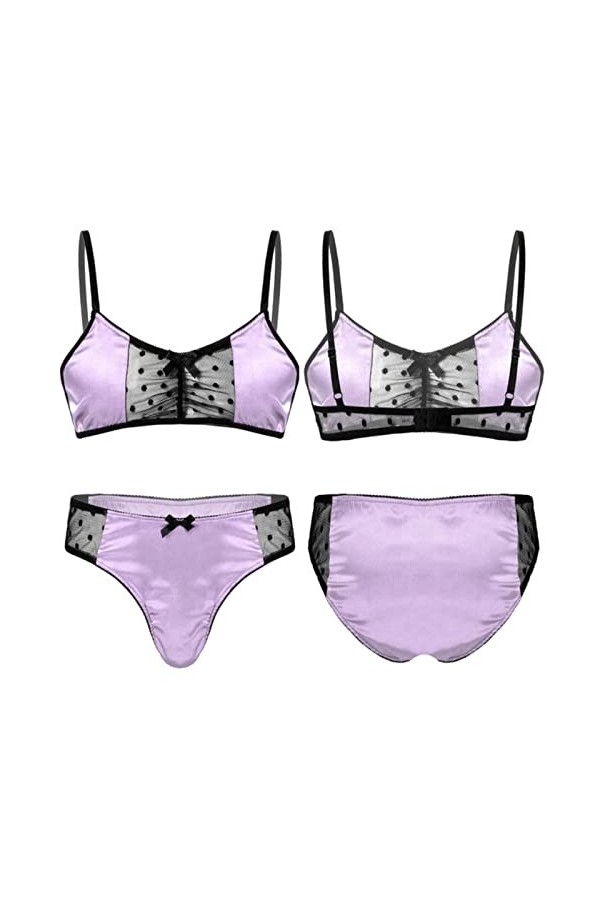 SALTVA Sissy Ensemble de lingerie exotique en satin pour homme avec soutien-gorge à bretelles spaghetti et string