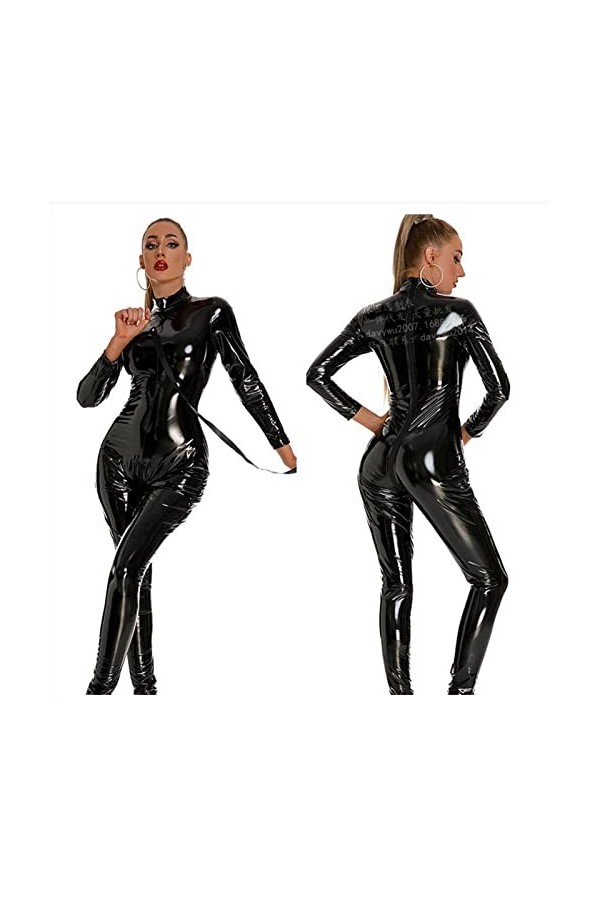 MANYMANY Catsuit à Fermeture éclair Vernie Noire Catsuit en Cuir Wetlook en PVC pour Femme Catsuit en Cuir sans Entrejambe Fe