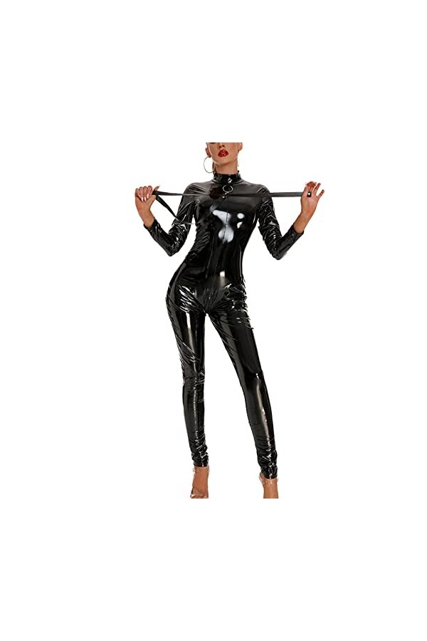 MANYMANY Catsuit à Fermeture éclair Vernie Noire Catsuit en Cuir Wetlook en PVC pour Femme Catsuit en Cuir sans Entrejambe