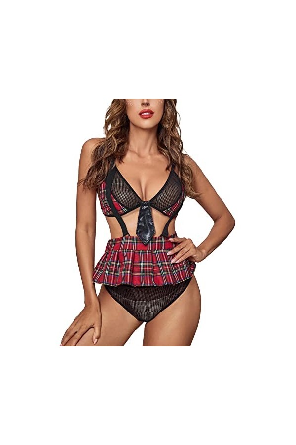 Hekbaep Lingerie sexy pour femme - Costume décolière - Jupe plissée - Grande taille