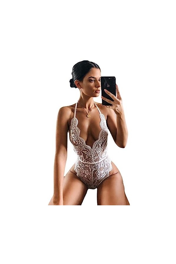 NoëlLingerie érotique Licou col Cravate Sexy Dentelle-Bas Dos Tunique Une-pièce, Blanc, 3XL