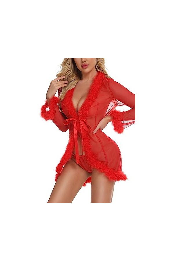MIAOXIAO Femmes Plume Robe Extra Longue Fourrure Sheer Tulle Robe de Chambre Lingerie Cadea,3,XL