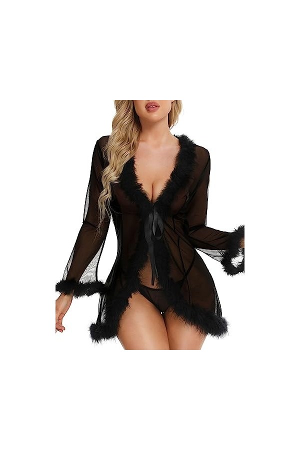 MIAOXIAO Femmes Plume Robe Extra Longue Fourrure Sheer Tulle Robe de Chambre Lingerie Cadea,3,XL