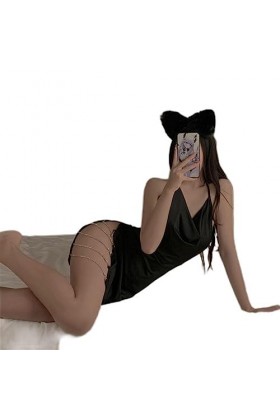 CHUNNUAN V Profond Dos Nu Sexy Licou Cou à Lacets Maison Pyjamas Femmes Chemise de Nuit chaîne Haute Fente Lingerie discothèq