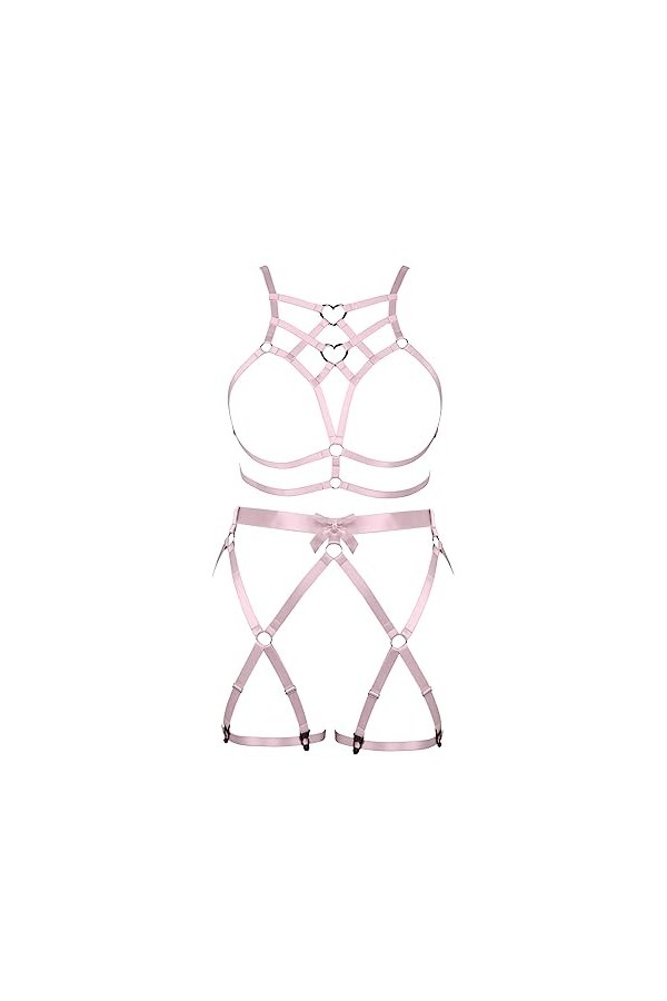 Femmes Body Strap Punk Bra Grande Taille élégant évidé sans Tasse Garter Set Goth Party Halloween Rave Costume Jaune Clair 