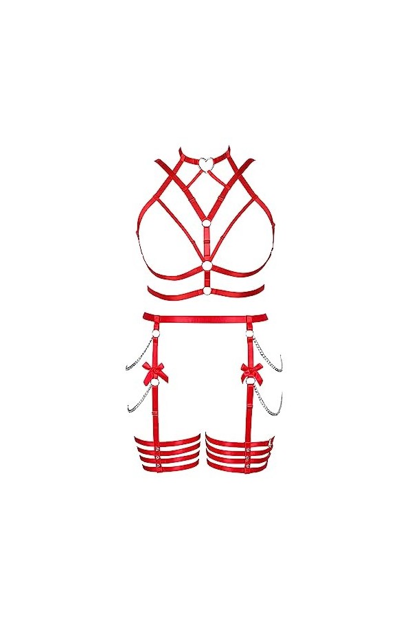 Femmes Body Strap Punk Bra Plus Size Mode Hollow Body Cage Garter Set Gothique Halloween Rave Party Costume Rose Rouge 