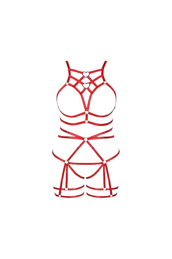 Femmes Body Strap Punk Bra Plus Size Creux sans Tasse Mode Body Cage Garter Set Gothique Halloween Rave Costume Rose Rouge 