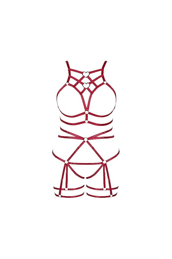 Femmes Body Strap Punk Bra Plus Size Creux sans Tasse Mode Body Cage Garter Set Gothique Halloween Rave Costume Rose Rouge 