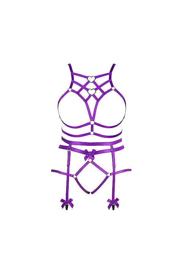 Femmes Body Strap Punk Bra Plus Size Mode Hollow Body Cage Garter Set Gothique Halloween Carnaval Dance Costume Violet 