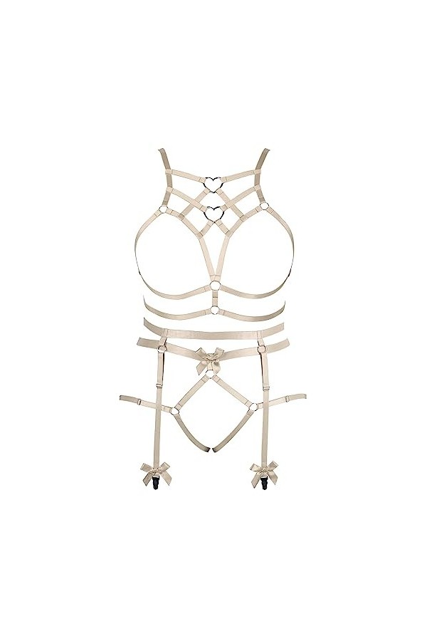 Femmes Body Strap Punk Bra Plus Size Mode Hollow Body Cage Garter Set Gothique Halloween Carnaval Dance Costume Jaune Clair 
