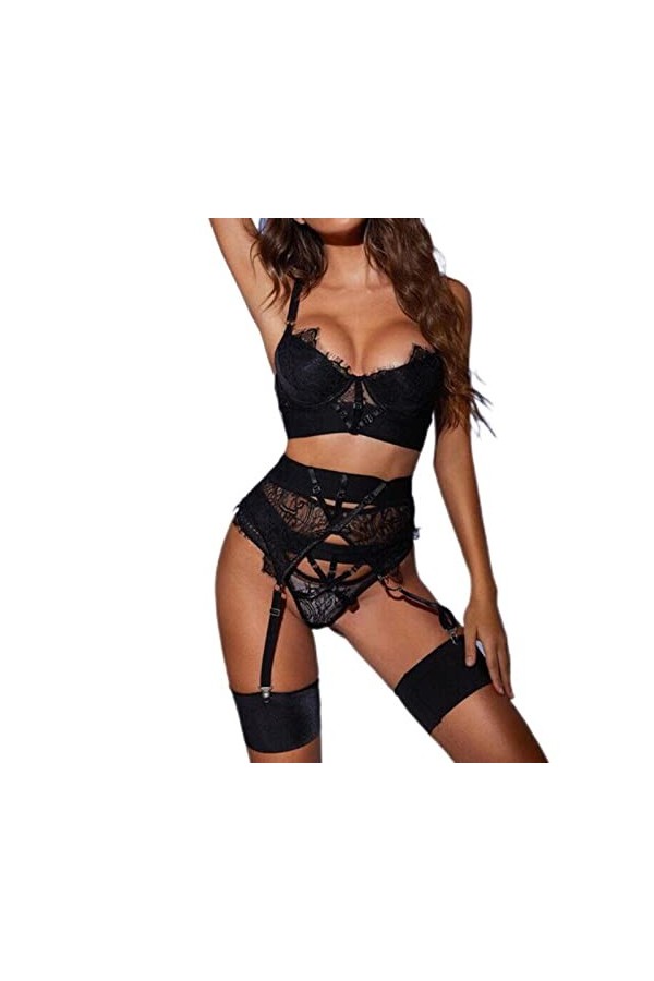 CHOUBAGUAI Ensemble de lingerie sexy pour femme avec soutien-gorge en dentelle et bandage - 3 pièces - Violet - M