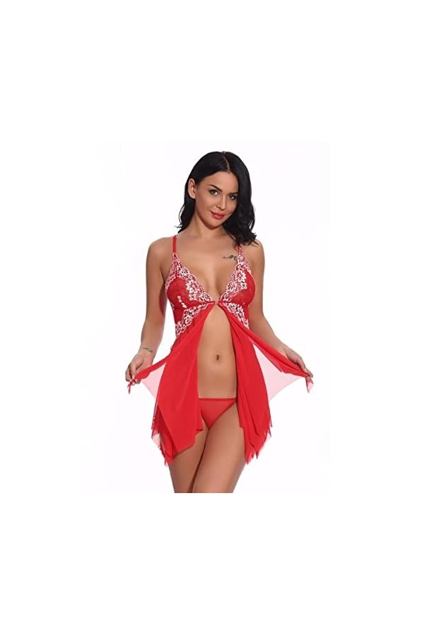 LNSIN Vêtement de nuit sexy pour femme - Robe de nuit en dentelle - Sans manches - Robe sexy pour la maison