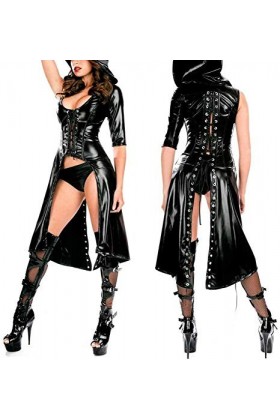 GWQDJ Femmes Faux Cuir Cape Cape Sexy Brillant PVC Latex Robe Bandage en Cuir Lingerie Cosplay Halloween Costume Punk Gothiqu