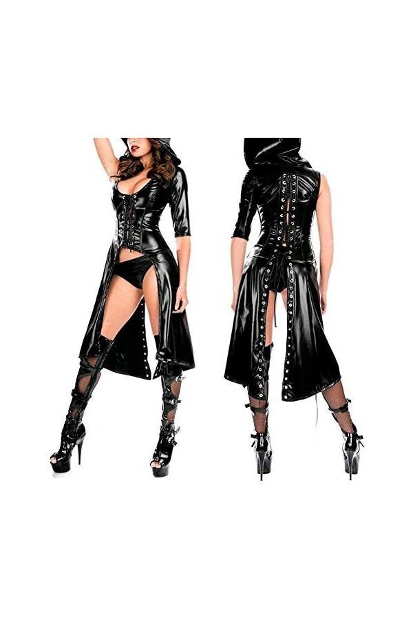 GWQDJ Femmes Faux Cuir Cape Cape Sexy Brillant PVC Latex Robe Bandage en Cuir Lingerie Cosplay Halloween Costume Punk Gothiqu