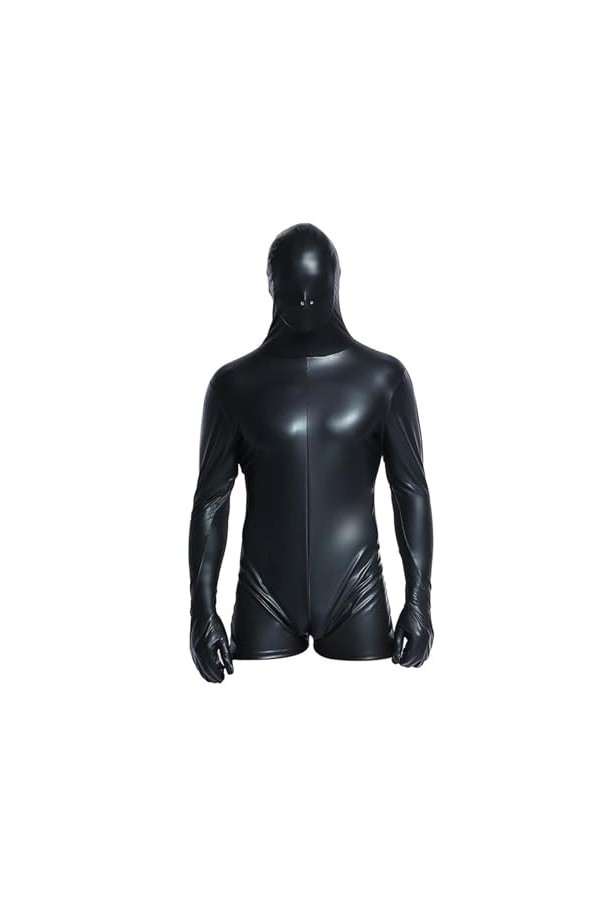 Combinaison justaucorps Hommes Manches Longues Gants Masque Capuche Une Pièce Combinaison Cuir Verni Lingerie Bodysuit Color: