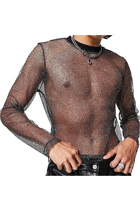 AIEOE Homme Muscle Transparent T Shirt en Résille Sexy Clubwear Disco Bal Nuit de Fête L