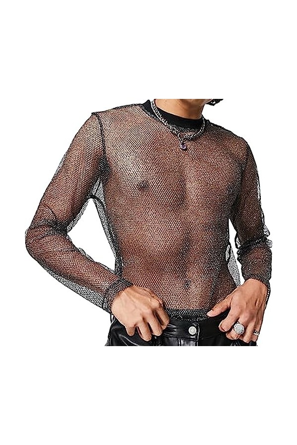 AIEOE Homme Muscle Transparent T Shirt en Résille Sexy Clubwear Disco Bal Nuit de Fête L
