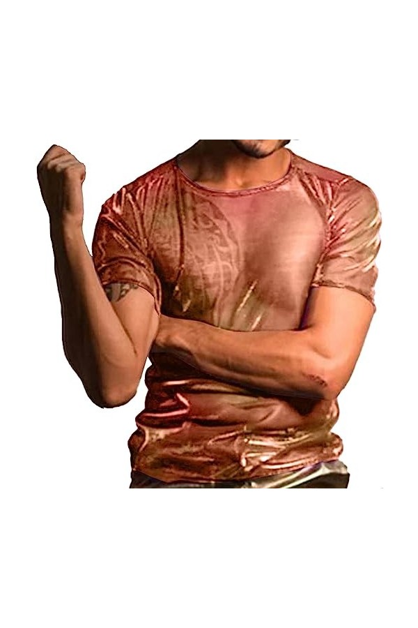 AIEOE Homme Muscle Transparent T Shirt en Résille Sexy Clubwear Disco Bal Nuit de Fête L