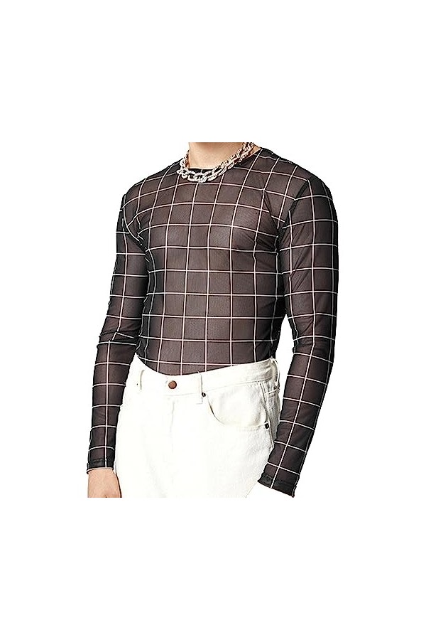 AIEOE Homme Muscle Transparent T Shirt en Résille Sexy Clubwear Disco Bal Nuit de Fête L