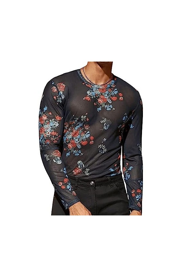 AIEOE Homme Muscle Transparent T Shirt en Résille Sexy Clubwear Disco Bal Nuit de Fête L