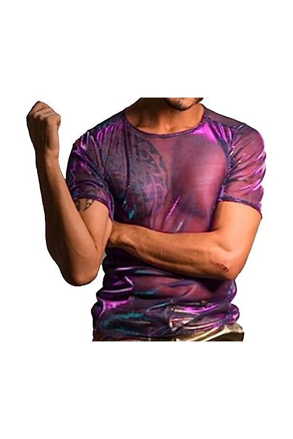 AIEOE Homme Muscle Transparent T Shirt en Résille Sexy Clubwear Disco Bal Nuit de Fête L