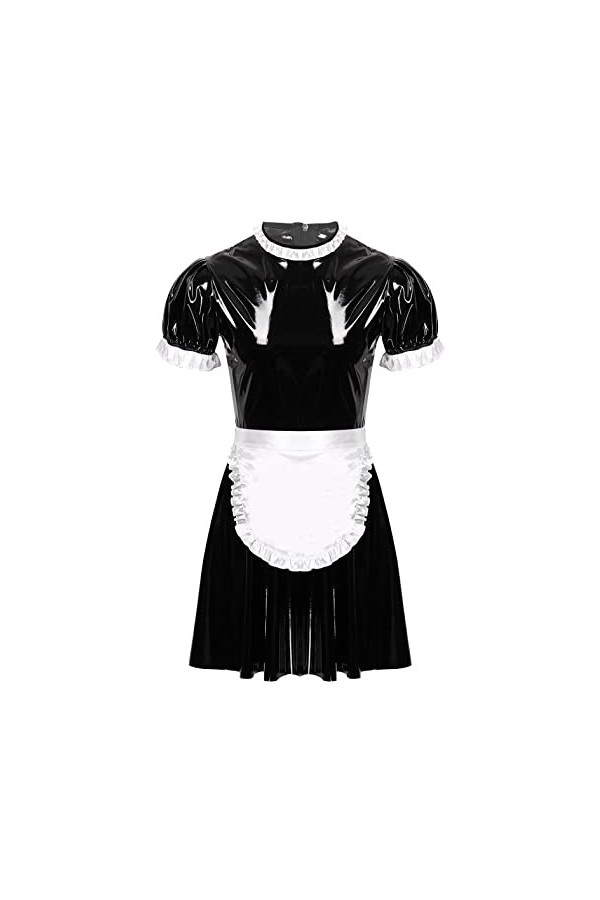 MSemis Déguisement Soubrette Homme Robe Latex Lingerie Costume Sexy Maid Tenue Gay Travesti Clubwear M-3XL Noir 3XL
