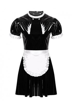 winying Homme Sissy Robe Lingerie de Nuit Sexy Cuir Verni Brillant Robes de Chambre Manche Courte avec Tablier Déguisement Co