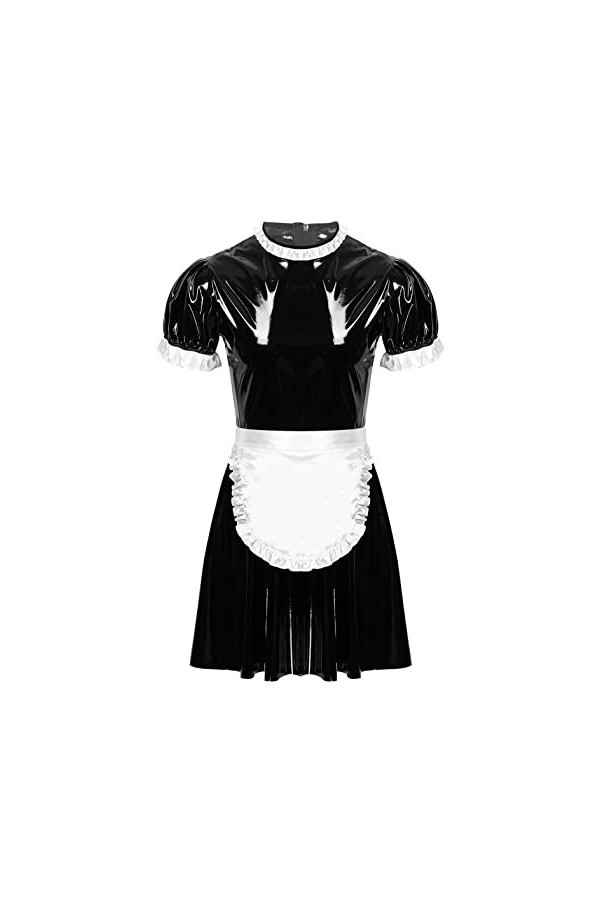 winying Homme Sissy Robe Lingerie de Nuit Sexy Cuir Verni Brillant Robes de Chambre Manche Courte avec Tablier Déguisement Co