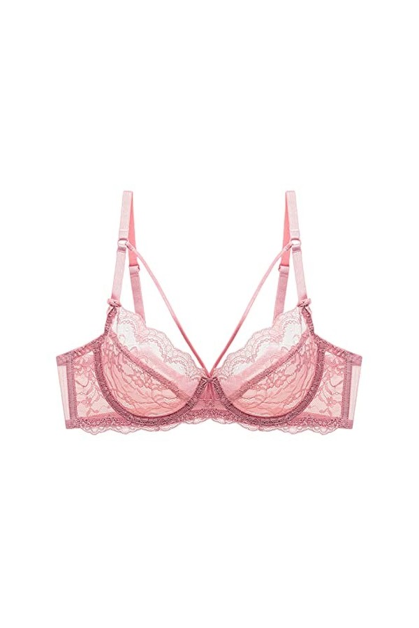 BURUVO Soutien-Gorge Sexy en Dentelle Plus Taille Pas d’Anneau en Acier Strappy Dames Soutien-Gorge été E Cup Transparent Pin