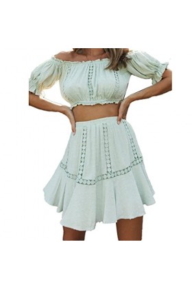 DAUZ Ensemble Chemise et Jupe à épaules Dénudées, Dentelle Cousue, Manches Lanternes de Couleur Pure, Ensemble 2 Pièces de Ju