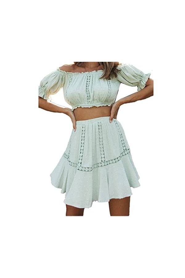 DAUZ Ensemble Chemise et Jupe à épaules Dénudées, Dentelle Cousue, Manches Lanternes de Couleur Pure, Ensemble 2 Pièces de Ju