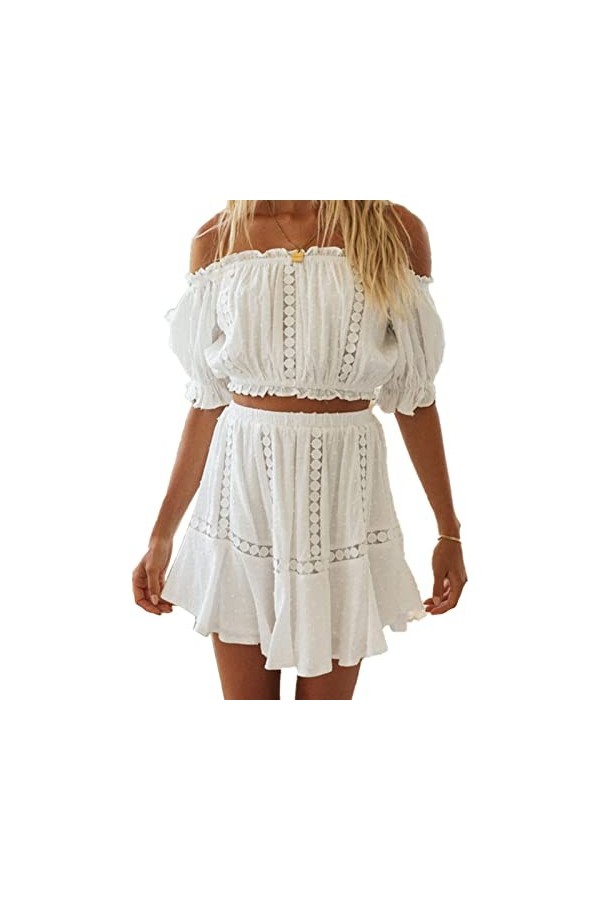 DAUZ Ensemble Chemise et Jupe à épaules Dénudées, Dentelle Cousue, Manches Lanternes de Couleur Pure, Ensemble 2 Pièces de Ju