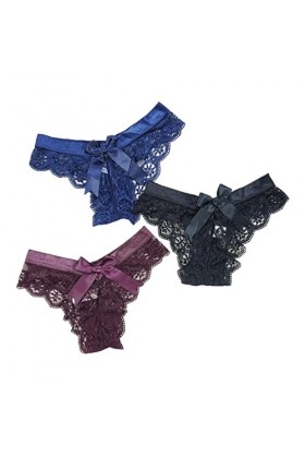 XKUN Culottes pour Femmes 3Pcs en Dentelle Sexy String Femme Culotte Arc G G-String Transparent Saillant sans Couture Creux C