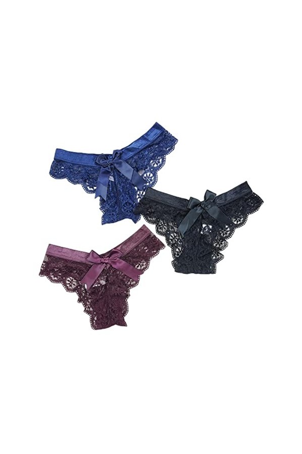 XKUN Culottes pour Femmes 3Pcs en Dentelle Sexy String Femme Culotte Arc G G-String Transparent Saillant sans Couture Creux C