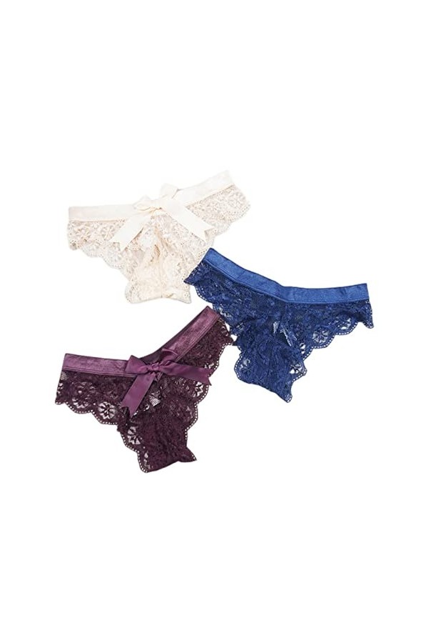 XKUN Culottes pour Femmes 3Pcs en Dentelle Sexy String Femme Culotte Arc G G-String Transparent Saillant sans Couture Creux C