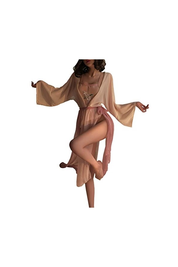 Kimono pour femme - Robe de Geisha japonaise - En satin - Robe de nuit - Style rétro - Hanfu - Lingerie sexy - Cosplay rose 