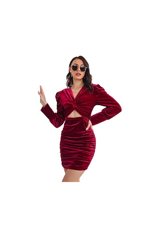 JOEupin Mini robe moulante sexy en velours à manches longues froncées pour femme, rose rouge, Taille M
