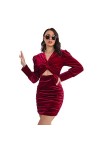 JOEupin Mini robe moulante sexy en velours à manches longues froncées pour femme, rose rouge, Taille M
