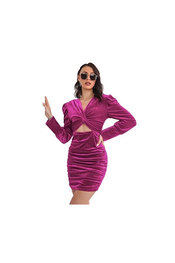 JOEupin Mini robe moulante sexy en velours à manches longues froncées pour femme, rose rouge, Taille M