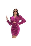 JOEupin Mini robe moulante sexy en velours à manches longues froncées pour femme, rose rouge, Taille M