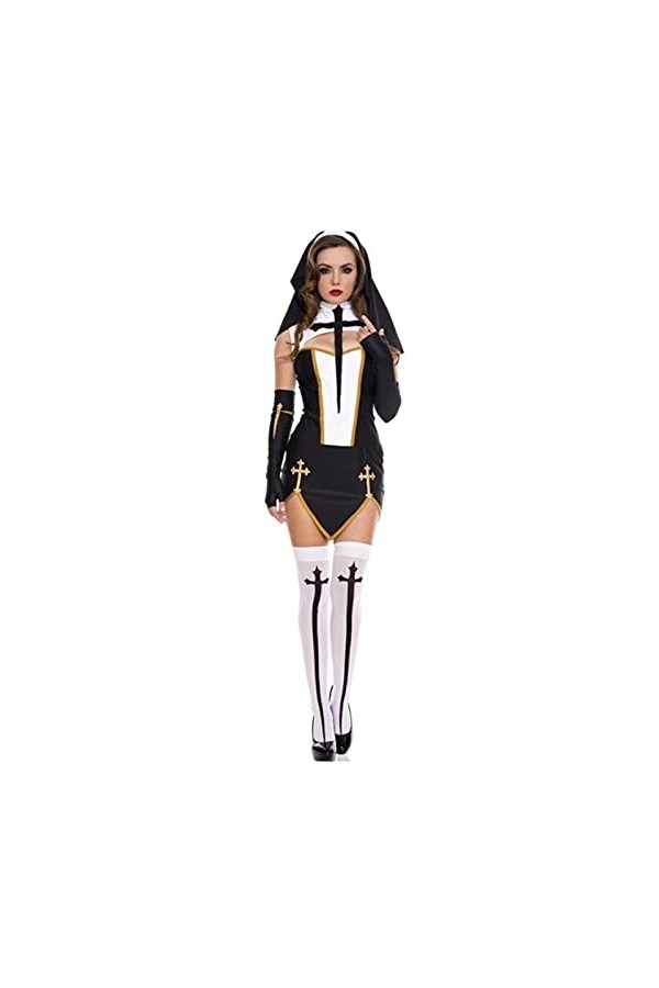 KHDS Black Nun Mini Robe Ensemble Split Rôle Play Nun Costumes Femmes Sexy Shows Cosplay Uniforme Temptation Nun Halloween Co