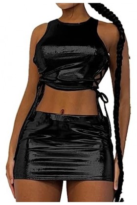 SheyLE Femmes 2 Pièces Sexy Métallique Tenues Sans Manches Côté à Lacets Haut Court Mini Jupe Ensemble Moulante Brillant Fête