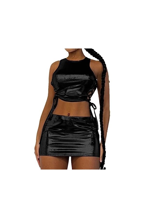 SheyLE Femmes 2 Pièces Sexy Métallique Tenues Sans Manches Côté à Lacets Haut Court Mini Jupe Ensemble Moulante Brillant Fête