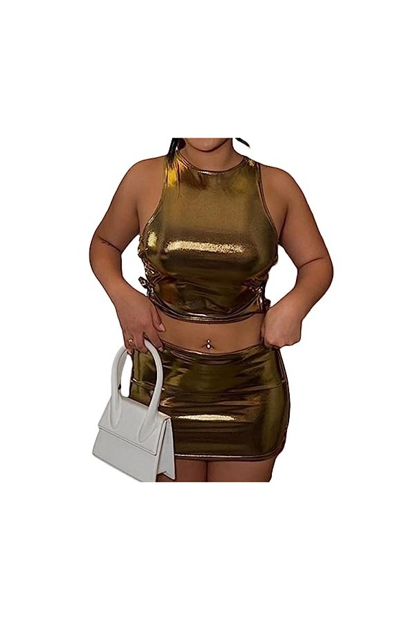 SheyLE Femmes 2 Pièces Sexy Métallique Tenues Sans Manches Côté à Lacets Haut Court Mini Jupe Ensemble Moulante Brillant Fête