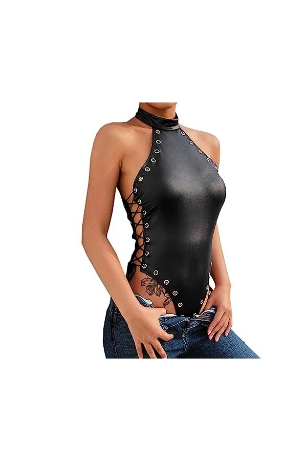 DCIUSTFHE Femmes Sexy Mat Faux Cuir À Lacets Creusé Combinaison Moulante Bar Boîte De Nuit DS Jeu De Rôle Scène Costumes Noir