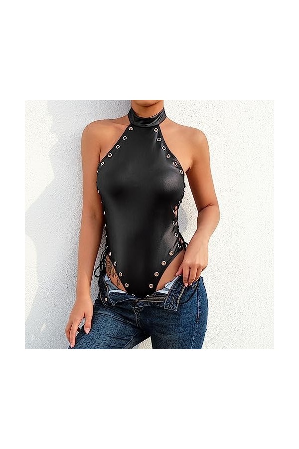 DCIUSTFHE Femmes Sexy Mat Faux Cuir À Lacets Creusé Combinaison Moulante Bar Boîte De Nuit DS Jeu De Rôle Scène Costumes Noir